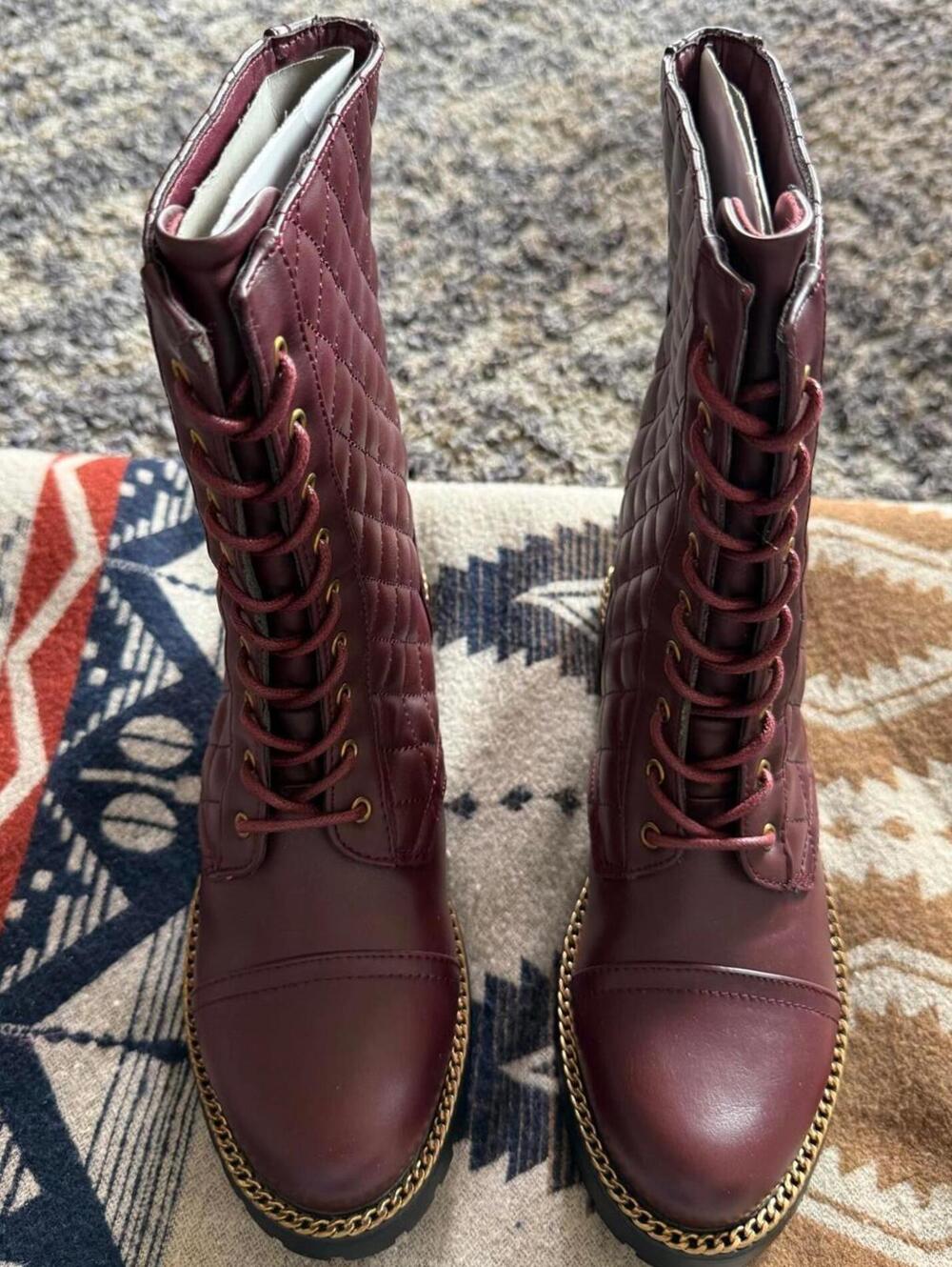 Charlee Burgundy Quilted Lace Up Combat Boots Chain Trim Size 7.5 - Picture 2 of 6
